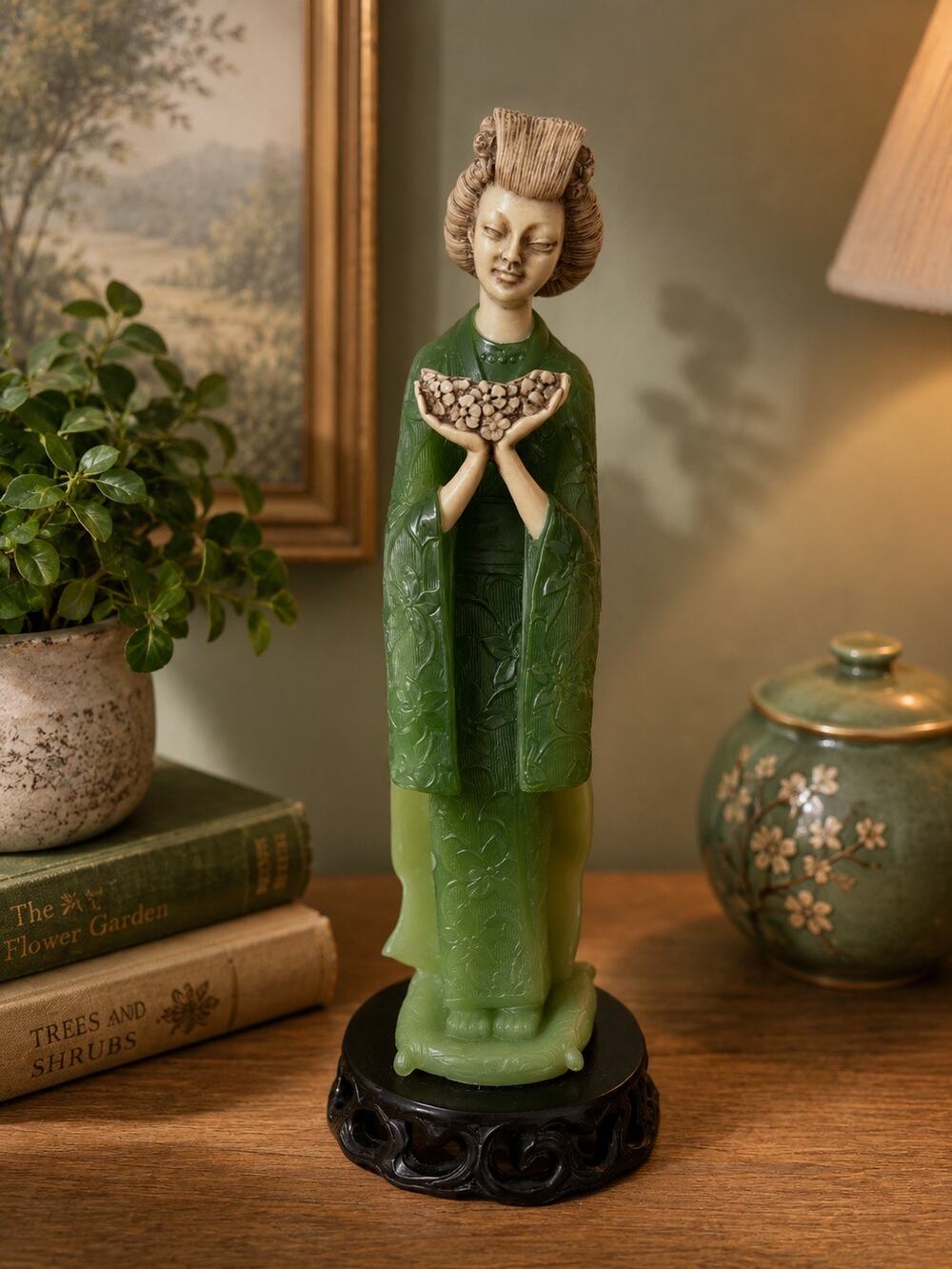 Vintage Faux Jade and Ivorite Geisha Mid-Century Asian Style Resin Statue